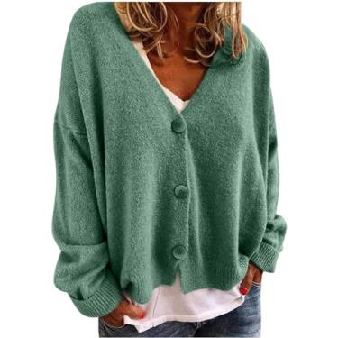 Imagem de LUZBOSE Cardigã feminino suéter feminino gola V manga longa casual cor sólida suéter solto colete de malha pulôver adequado para mulheres e meninas modernas (P, verde)