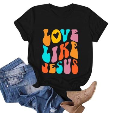 Imagem de Camiseta Jesus Loves You de manga curta com estampa de Jesus, leve, básica, férias, casual, manga curta, dizeres abençoados, 08 - Preto, M