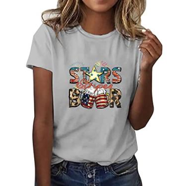 Imagem de Camiseta feminina patriótica Star Stripes Beer 4th of July com bandeira americana de manga curta gola redonda linda camiseta de festival, Cinza, G