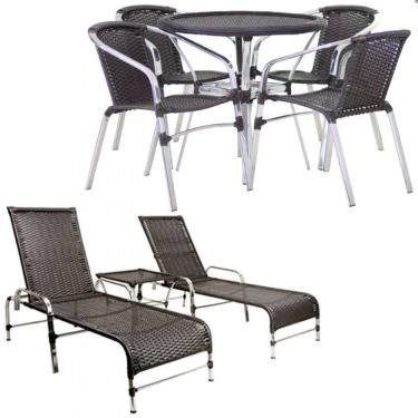 Imagem de Kit 4 Cadeiras Floripa e Mesa Tampo Tramado com 2 Espreguiçadeiras Catar e Mesa Piscina, Jardim, Varanda, Área