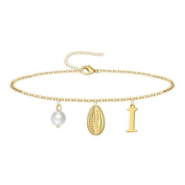 Imagem de QILMILY Tornozeleira feminina banhada a ouro 14 K, à prova d'água, joia de verão, presente para mulheres, meninas adolescentes, letra I, 9inch, Sem Pedra Preciosa