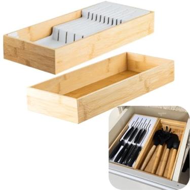 Imagem de Kit Organizador De Gaveta Porta Facas + Porta Utensílios Multiuso De Bambu Keep (Bambu)