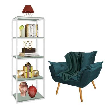 Imagem de Kit Poltrona Fatte com Manta Soft Verde e Estante Livreiro Ferro Branco MDF Verde Oliva Suede Azul Turquesa - Ahz Móveis