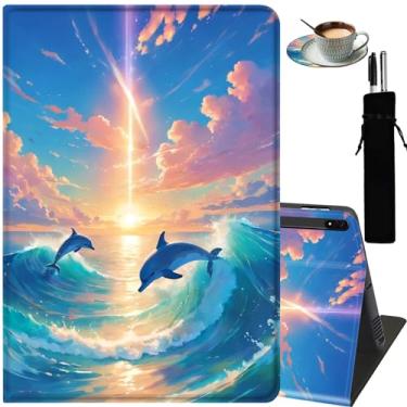 Imagem de Capa inteligente para Samsung Galaxy Tab S8 Plus 2022/Tab S7 FE 2021/Tab S7 Plus 2020 de 12,4 polegadas, com suporte ajustável para porta-copos - Golfinhos ao luar (bolsa de caneta)
