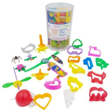 Imagem de Kit Criatividade e Ação 1 Tubo Lata Transparente 1 Caixa Massinha Modelar 12 Cortadores Forminhas 12 Mini Brinquedos 1 Caixa Giz Escolar Lembrancinhas Mimos