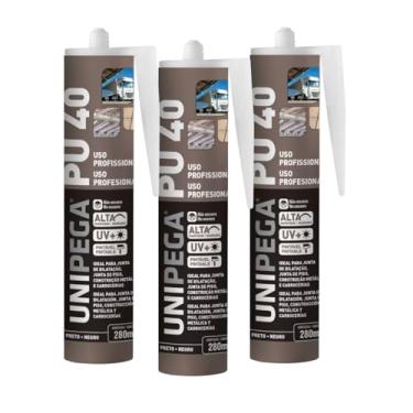 Imagem de Kit 03 Silicone Pu 40 Selante Fixador Adesivo Preto Unipega 280ml Tubo Cola Fixador De Cuba Poliuretano Uso Profissional Para Construção Mármore Concreto Aço