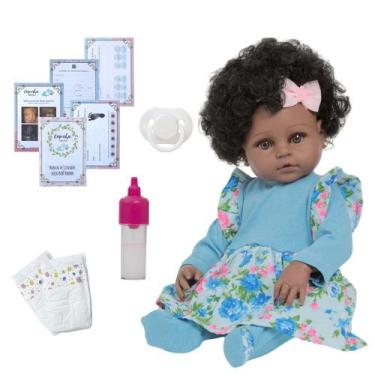 Imagem de Bebê Reborn Menina Negra 100% Vinil Cabelo Cacheado 13 Itens - Cegonha