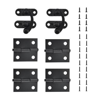 Imagem de MARRTEUM Kit de gancho e dobradiça direita vintage vintage antigo com parafusos correspondentes para caixa de joias decorativa armário mala e artesanato DIY (2 travas de ferrolho + 4 dobradiças)
