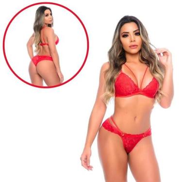 Imagem de Conjunto em Renda sem Bojo Strappy Delicado Patitex Vermelho Tamanho G