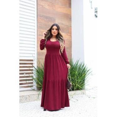 Imagem de Vestido Longo Manga Longa Saia 3 Marias - Luh May, P, Bordô