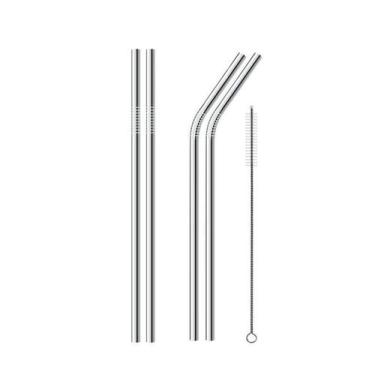 Imagem de Canudo Aço Inox Reutilizável Kit Com 4 Curvo E Reto Limpador - Braslu