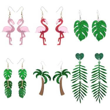Imagem de Honbay 6 pares de brincos tropicais femininos de planta verde, coqueiro, folha de palmeira, flamingo, brincos havaianos modernos de acrílico, Medium, Acrílico, Sem pedra preciosa