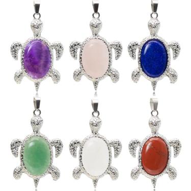 Imagem de Flemtai 6 peças pingente de tartaruga marinha oval cabochão pedra pingente tartaruga cristal, oceano praia tartaruga urna colar cremação para fazer joias colar, Ametista/Quartzo