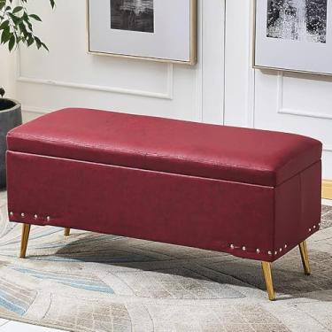 Imagem de Banqueta para pés otomana de couro sintético macio, decoração retangular moderna para móveis, bancos multifuncionais, banco de armazenamento luxuoso, vermelho, 60 x 40 x 45 cm (24 x 16 x 18 polegadas)
