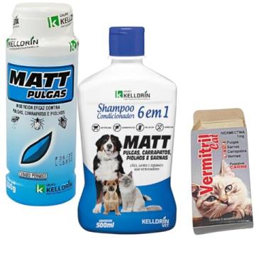 Imagem de Combo Tratamento para Pulgas e Carrapatos em Gatos, Vermífugo Vermitril, Talco Matt 200g, Shampoo Matt 500ml