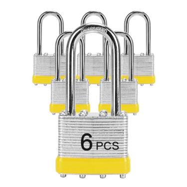 Imagem de LQYN Cadeado laminado com chave (1-9/40.6 cm, 40 mm), fechaduras semelhantes com chave, aro amarelo, grilhão longo, pacote com 6, trava para armário de academia, bagagem, mala, bagagem, caixa de