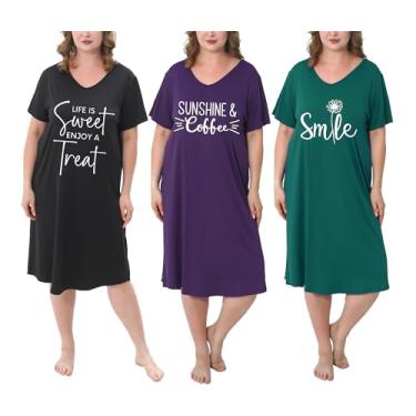 Imagem de FEREMO Pacote com 3 camisolas plus size, gola V, manga curta, estampada, roupa de dormir macia para mulheres, preto + roxo + verde, 3X(US 24W, Bust 53.5")