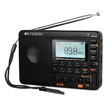 Imagem de Rádio digital AM FM Retekess V115, rádios portáteis de ondas curtas, sintonizador digital de rádio recarregável e predefinições, suporte para gravação Micro SD e AUX, alto-falante baixo preto