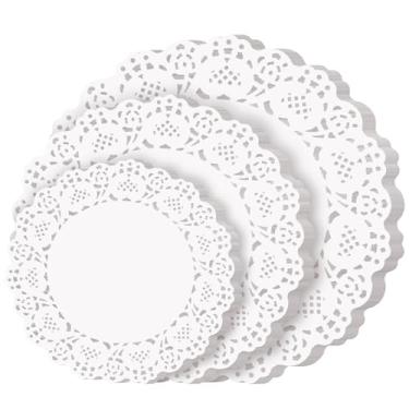 Imagem de TIPTAP Doilies de papel descartáveis, 150 peças com tamanhos classificados, jogo americano de renda branca de 150 cm, decoração de utensílios de mesa para bandejas de sobremesa, alimentos, festas