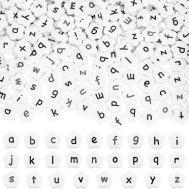 Imagem de SOFPLATE 300 peças de contas de letras em forma de flor contas acrílicas do alfabeto a granel 10,5 x 11 mm branco preto plástico buraco horizontal pônei espaçadores de contas soltas para pulseiras,