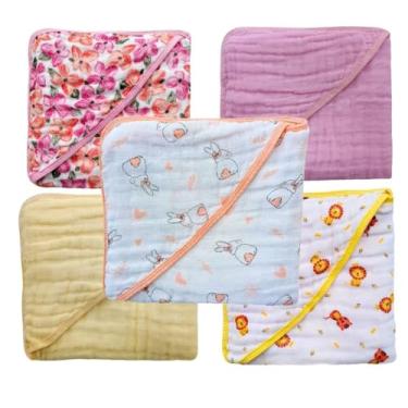 Imagem de Toalha de Banho para Bebe Enxoval tecido fralda com Capuz 100% Algodão Recém Nascido (Kit 2 Toalhas Menina Sortido)