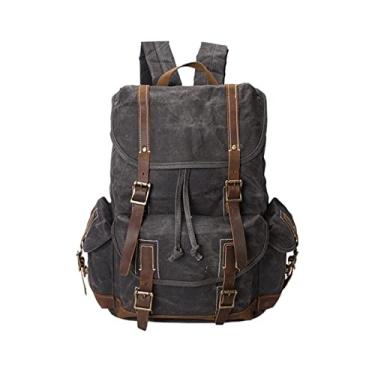 Imagem de Mochila masculina de lona vintage mochila feminina de couro genuíno para homens mochila grande mochila escolar(Dark Grey)