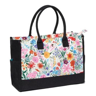 Imagem de ESVAN Sacola de lona personalizada para presentes de linho, bolsas de mão com fecho de zíper inicial, bolsa utilitária retrô, Uma flor rosa