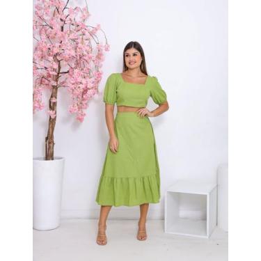 Imagem de Conjunto Feminino Linho Premium Saia Midi e Blusa Manga Bufante Fashio