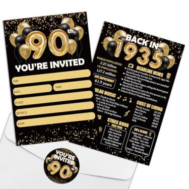 Imagem de REWIDPARTY Convites de aniversário de 90 anos de ouro preto com envelopes e adesivos (conjunto de 15) Back in 1934 Preencha convites Happy 90th Birthday Convite Cards 90 Years Old Birthday Party