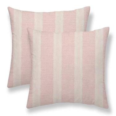 Imagem de Sunshineyan Capas de almofada rosa de bolinhas 50 x 50 cm, conjunto de 2 capas de almofada decorativas boêmias, listradas, externas, de linho, geometria moderna, para casa, sofá, decoração de sala de