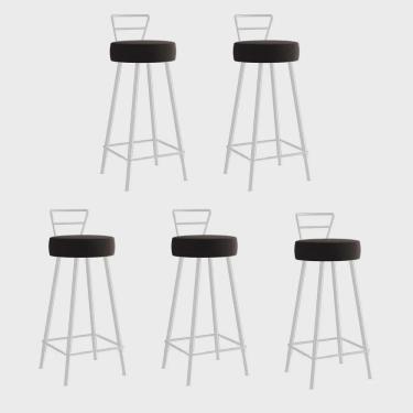 Imagem de Kit 05 Banqueta Alta Com Encosto Tina Eiffel Cozinha Bar Bistrô Ferro Branco Sintético Marrom - Ahazzo Móveis