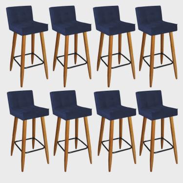 Imagem de Kit 08 Banqueta Alta Lucy Com Encosto Cozinha Bar Balcão Bistrô Pé Palito Castanho Suede Azul Marinho - Ahz Móveis