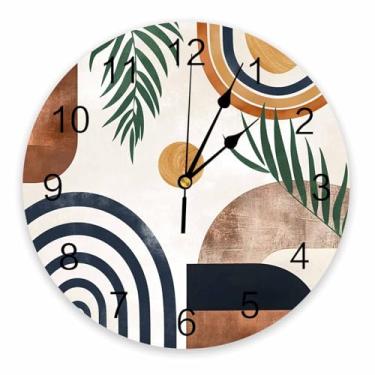 Imagem de Relógio de parede boêmio com folha de palmeira 25 cm, silencioso, sem tique-taque, operado por bateria, relógio redondo de PVC geométrico de linhas abstratas para sala de estar, quarto, cozinha