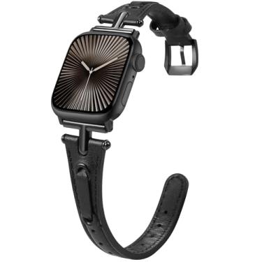 Imagem de Minyee Pulseira de couro compatível com Apple Watch Ultra 2 de 41 mm, 40 mm, 38 mm, 44 mm, 45 mm, 42 mm, 49 mm, ultrafina, vintage, com cordão elegante e fivela de metal em forma de T para Apple Watch