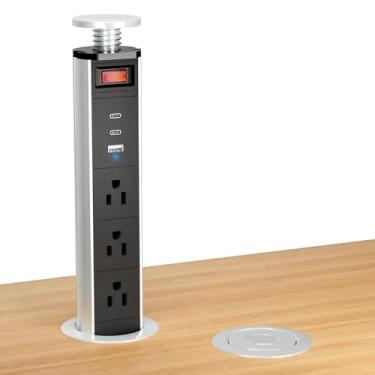 Imagem de Sussex Tomada Pop-Up Com 2 Portas Usb C E Usb A Para Carregamento Rápido, 3 Tomadas Ca - Filtro De Linha Com Controle Por Interruptor - Tomada De Bancada Embutida Com Furo De 2 Polegadas (Prata E Pr