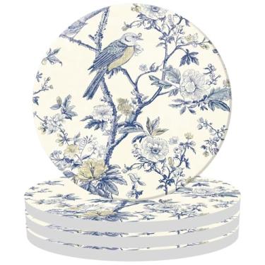 Imagem de FYSUIMU 4 peças de porta-copos florais para pássaros chinoiserie azul flor cerâmica porta-copos copo absorvente tapete para casa cozinha escritório festa decoração de mesa