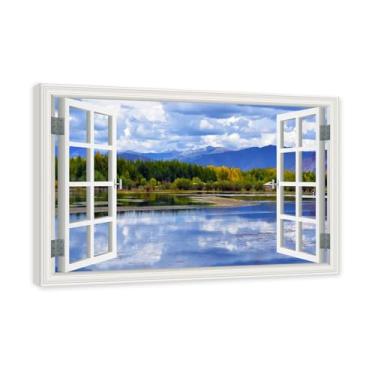 Imagem de PY3H69 Arte de parede em tela de janela aberta, impressão natural em tela. Lindo cenário de montanha 38 cm, decoração de parede de paisagem de janela, decoração de casa moderna. Moldura interna 70 x