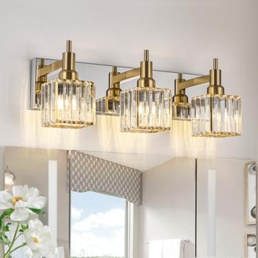 Imagem de HUOKU Luminária De Banheiro De Cristal Dourada Cromada Com 3 Luzes, Moderna, Luminária De Banheiro Sobre Espelho, Arandela Quadrada