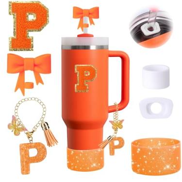 Imagem de Conjunto de 6 peças de acessórios de copo Stanley laranja adequado para Stanley Cup 850.5 g 1,134 g, incluindo tampa à prova de derramamento, bota de silicone brilhante, topo de palha em forma de laço