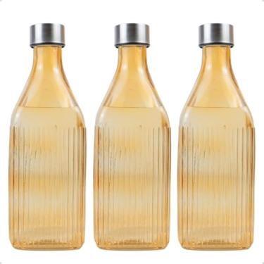 Imagem de Kit 3 Garrafas Quadrada De Vidro Canelado com Tampa 1l Colorida para Geladeira (Âmbar)