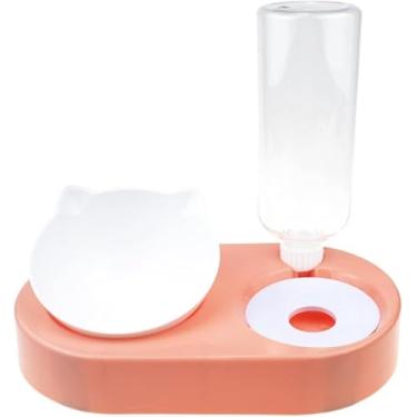 Imagem de Bebedouro e Comedouro para Gatos 2 em 1, com garrafa 500ml, tigela inclinada antivômito, base alta, fácil de limpar, ideal para ração e água, acessório pet ergonômico (Rosa, Médio)