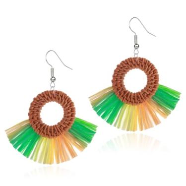 Imagem de QLYOVWE Brincos femininos de ráfia, boêmio, verão, praia, feitos à mão, moda de vime, franja, borla, brinco, leve, de palha, pingente, pingente, joia, presente boêmio, Standard, Ráfia, Sem pedra