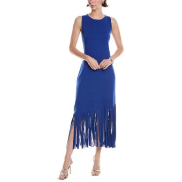 Imagem de Anne Klein Vestido feminino assimétrico com franjas, Azul Santorini, G