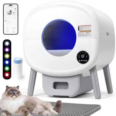 Imagem de Caixa de areia para gatos autolimpante: caixa de areia automática extra grande para vários gatos com tapete - Caixa de eliminação de resíduos sem odor com luz ambiente de controle de aplicativo