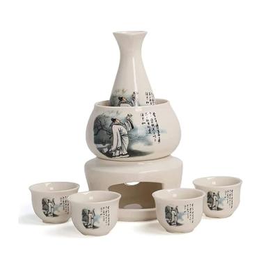 Imagem de KTREZ Conjunto de 7 peças de saquê de cerâmica chinesa com panela mais quente, conjunto de copos de saquê tradicionais pintados à mão esmaltado porcelana shochu chá copos de vinho kit de utensílios de