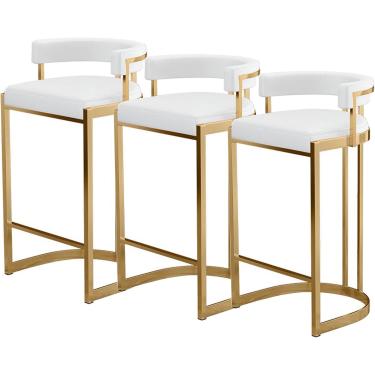 Imagem de Bancos de barra de altura do balcão Conjunto de 3, cadeiras de jantar de couro PU à prova de água, estofados estofados para cozinha para cozinha, casa e restaurantes, branco, 65 cm