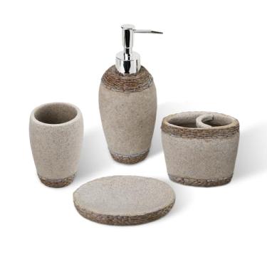 Imagem de TZTZBO Conjunto De 4 Acessórios Resina Para Banheiro, Dispensador Sabonete Com Bomba Cromada, Porta-Escovas Dentes, Copo E Prato, Pia Decoração Casa (Retro Simples)