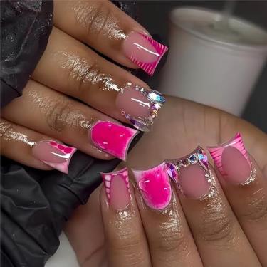Imagem de RTKHFZE 24 Peças Unhas Postiças Curtas De Pressão, Ponta Francesa Rosa, Cola Cobertura Total Com Strass, Design Em Bastão Acrílico Para Mulheres
