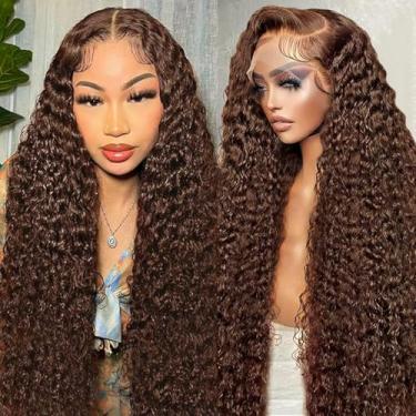 Imagem de Aimking Peruca De Cabelo Humano Com Renda Frontal Marrom Chocolate 13X6 Para Mulheres, Densidade 180%, #4, Hd, Ondas Profundas, Cacheada, Pré-Depilada, Cor Bebê (30")