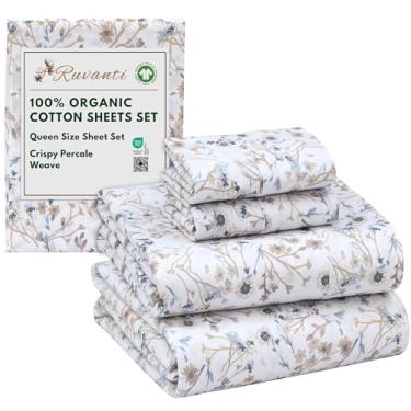 Imagem de RUVANTI Lençóis Queen 100% algodão orgânico, tecido percal, certificado GOTS, conjunto de 4 peças, bolso profundo de 38 cm, nítido e respirável, roupa de cama macia e durável, Sábanas Algodón Orgánico